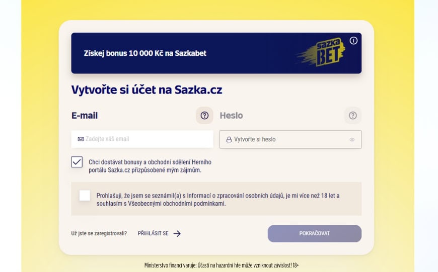 Sazkabet registrační formulář